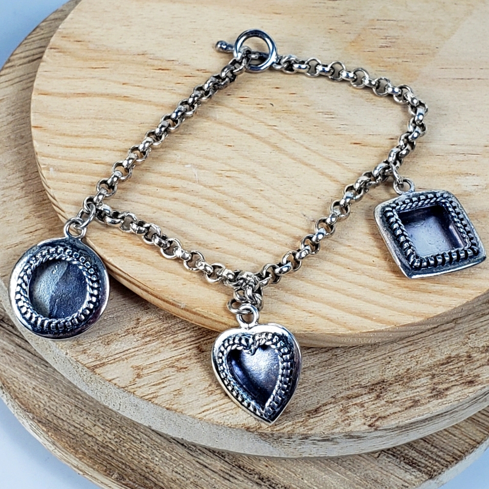 REO Sterling Silver Charm Bracelet Heart Circle Square Picture Frame Toggle .925